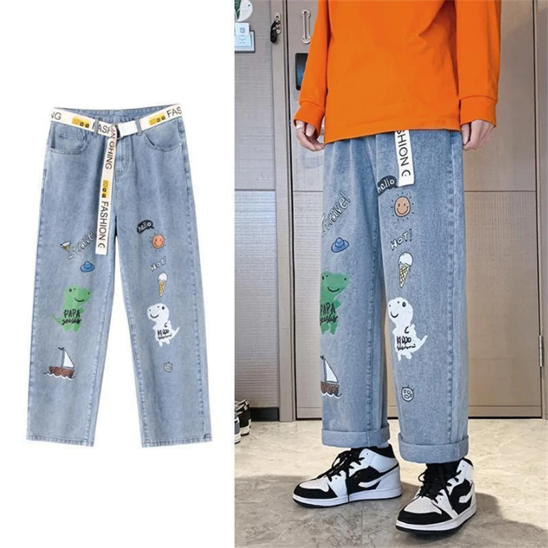

Jeans Men Casual Graffiti Print Denim Trousers Male Fashion Straight Pants