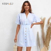 keby zj womens summer dress deep v light blue striped new short dress casual elegant clothes short sleeve urban female dresses