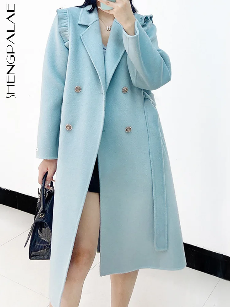 

SEHNGPAIAE Belt Pleated Double Faced Woolen Coat Women Warm Beautiful Top Winter 2022 New High Quality Ladies Long Coats