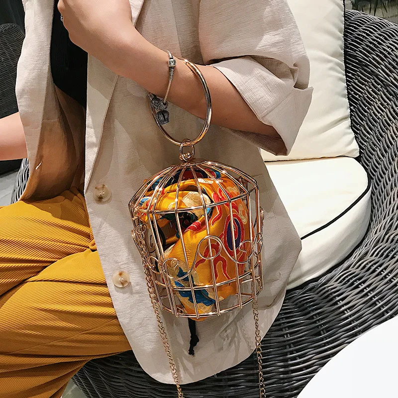 

Advanced Embroidery Women's Birdcage Evening Bag Clutch Metal Frame Bucket Bird Cage Shoulder Bag Purse Women Gold Handbag