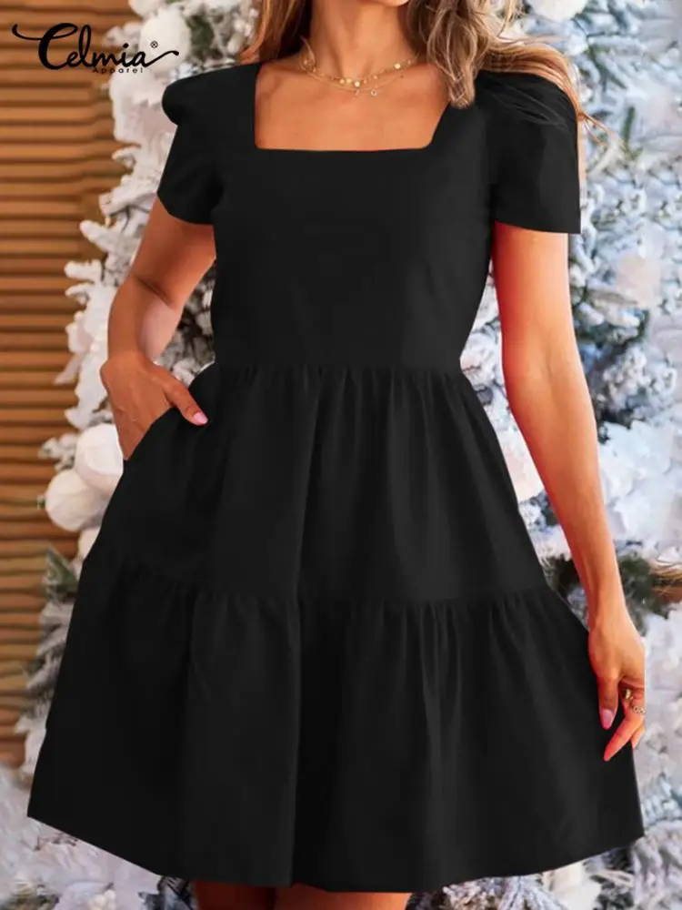 

Celmia 2022 Women Short Sleeve Mini Dress Summer Holiday Square Collar Party Sundress Casual Loose Pleated A Line Short Vestidos