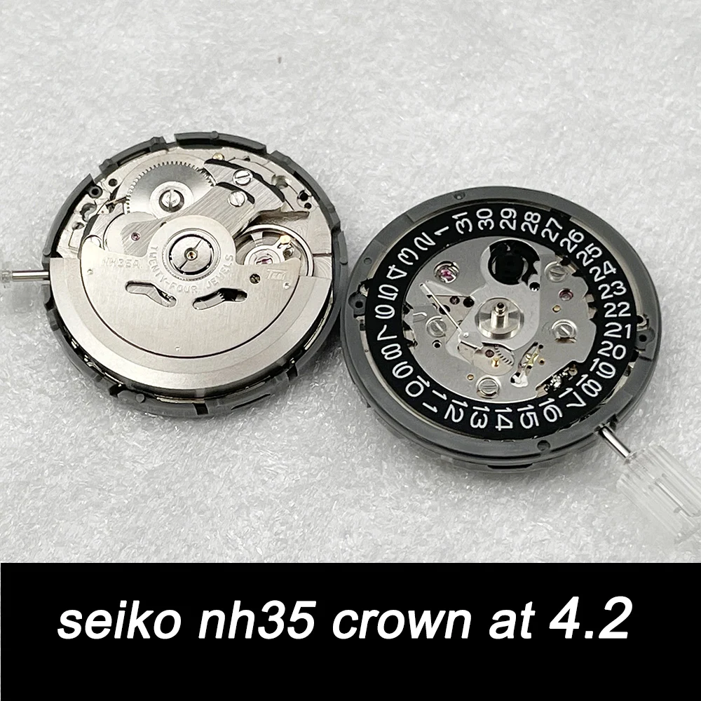 Black Seiko Japan NH35A Mechanical Watch Movement Crown at 4.2 24 Jewels Mechanism Stainless Steel Replacement Parts