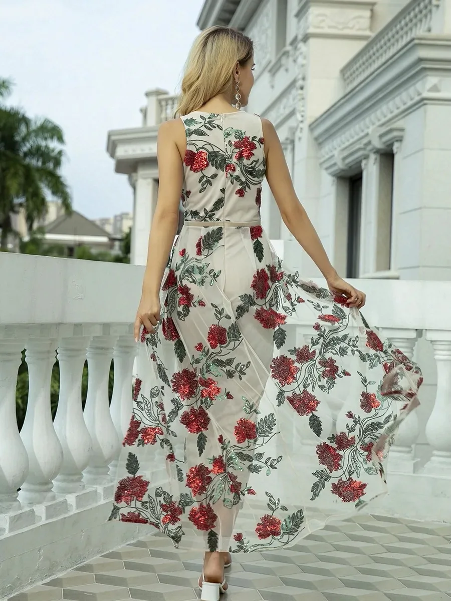 PLEINDI Luxurious Evening Dresses O-Neck Sleeveless A-LINE Ankle-Length Chiffon 2022 New of Embroidery Lace Prom Women Dress