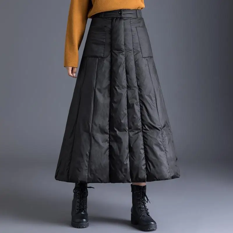 Duck Down Plus Size Winter Maxi Skirts Womens Black Vintage 2022 High Waist Clothes Casual Loose Quilt Long for Women 3XL | Женская