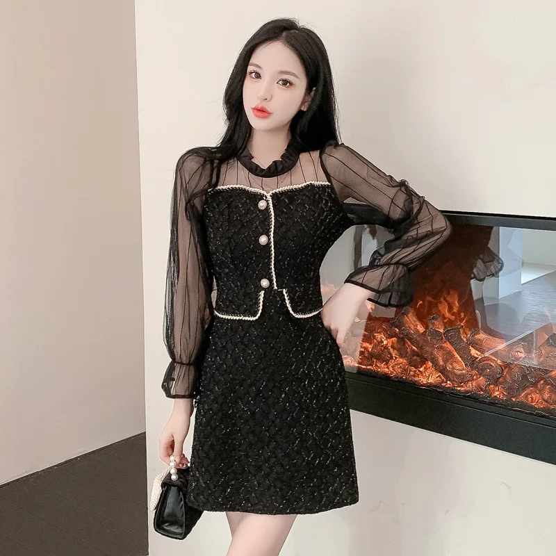 

Women One Piece Dress Winter 2021 New Office Lady Korea Vintage French Style Long Sleeve Patchwork Zipper Dresses