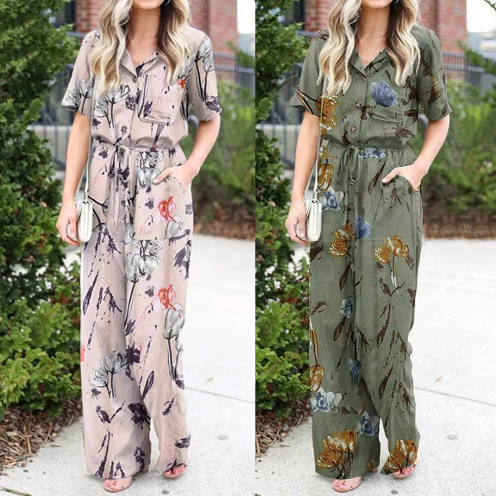 

Jumpsuits Summer Fashion Women Lapel Neck Short Sleeve Rompers Casual Loose Long Overalls Elegant Lady Drawstring Waist Playsuit