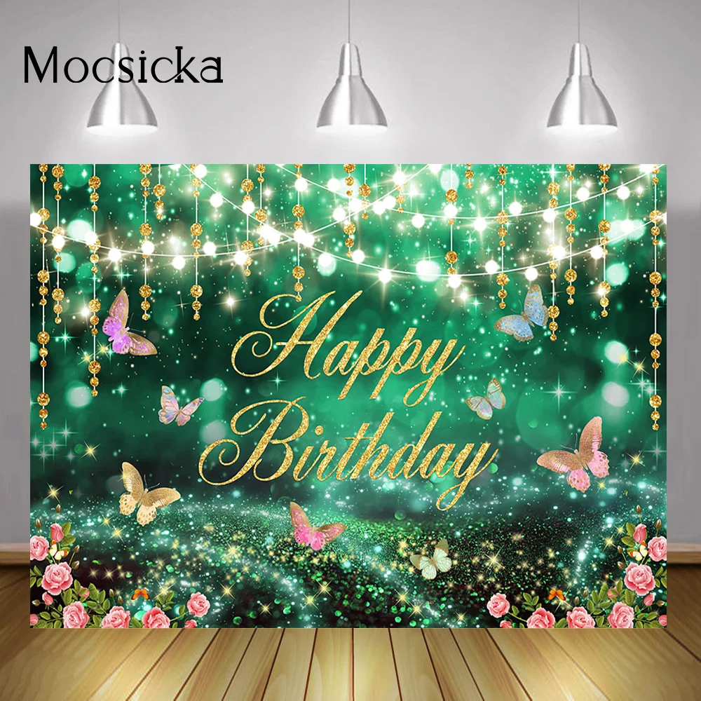 

Фон для фотосъемки с изображением сказочной страны чудес с днем рождения розовые цветы бабочки Эльф Детский день рождения зеленый фон боке