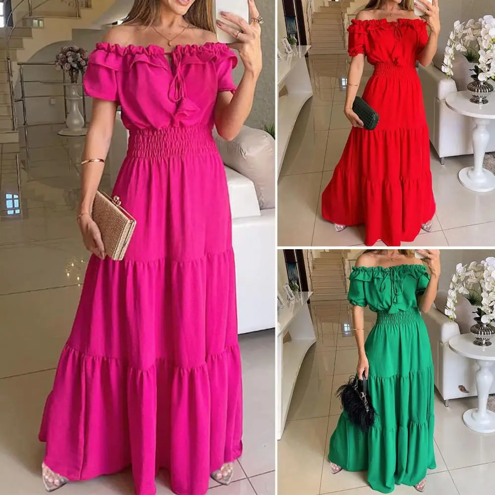 

Women Dress Elegant Off-shoulder Lace-up Maxi Dress Feminine Party Attire with Shirring Bubble Sleeves Ruffle Hem Adjustable