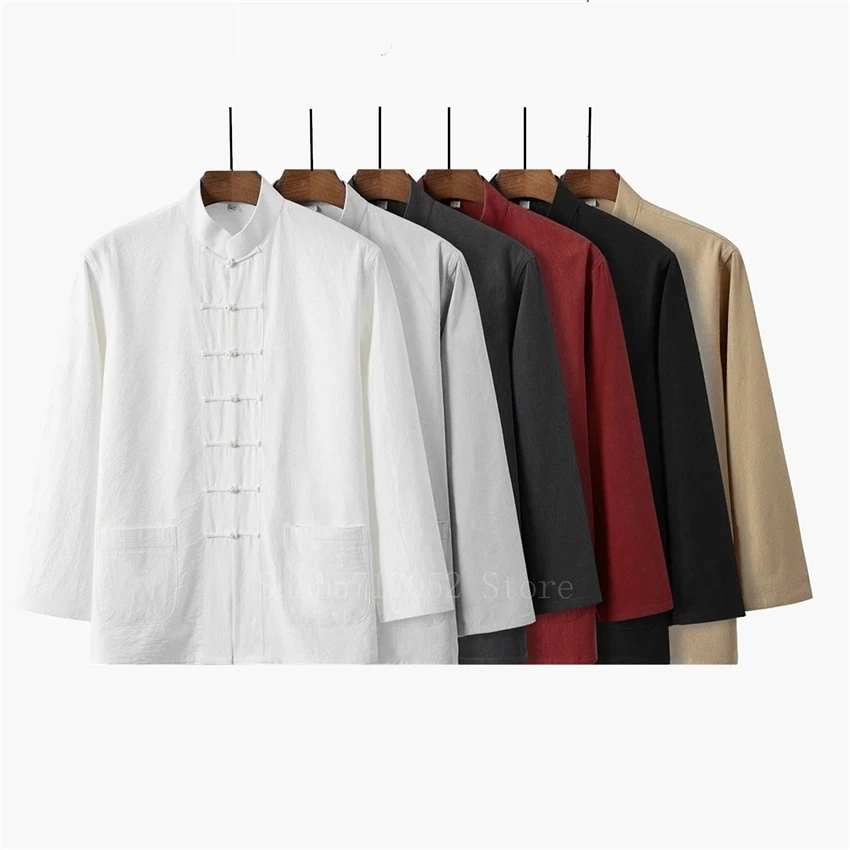 

Retro Man Chinese Traditional Hanfu Shirt Solid Casual Kung Fu Uniforms Linen Cotton Tang Suit Male Long Sleeve Tai Chi Shirts