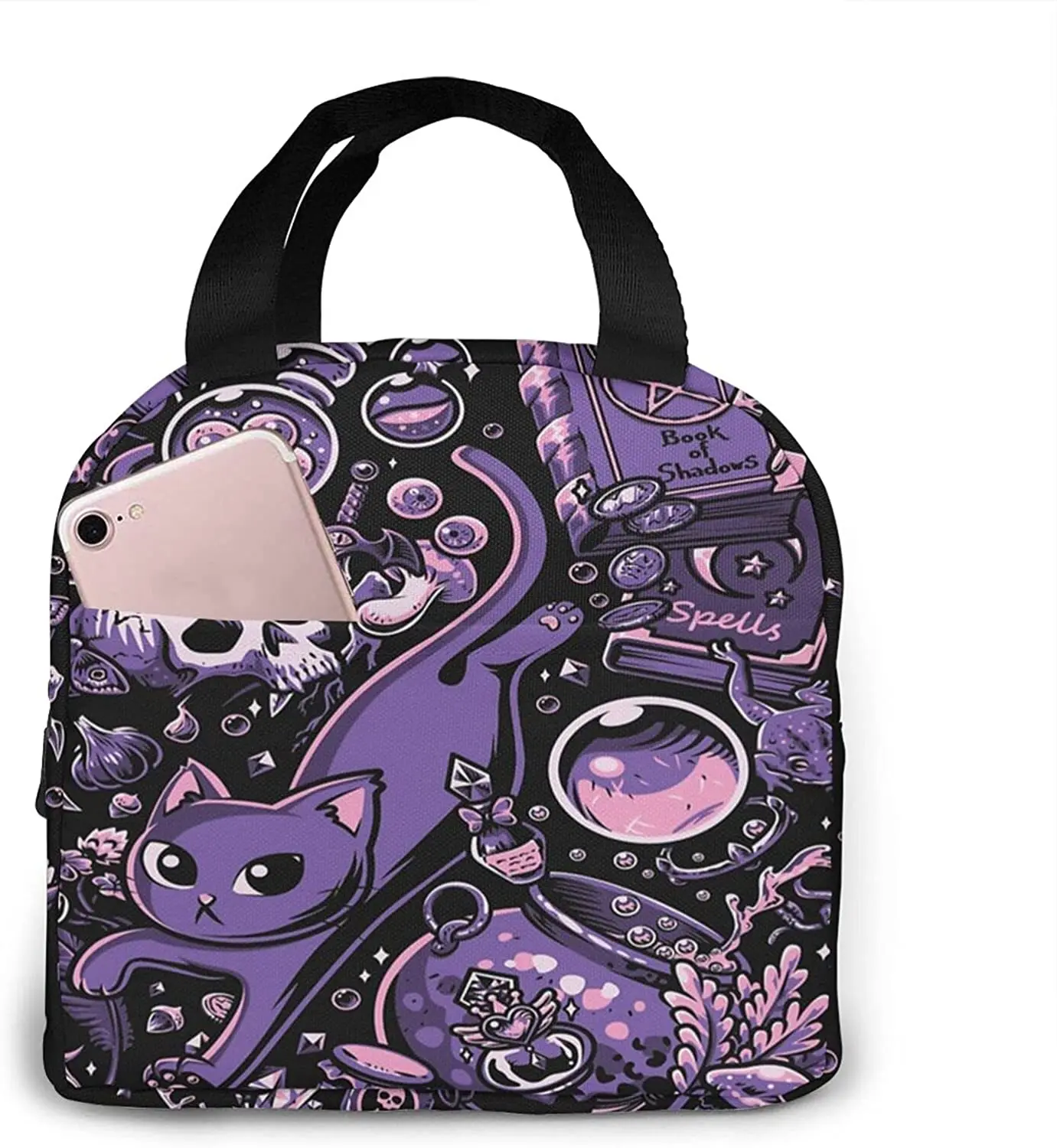 

Purple Witch Stuff Wicca Black Cat Lunch Bag Tote Bag Insulated Organizer Lunch Holder Bag for Travel Hiking Picnic Beach