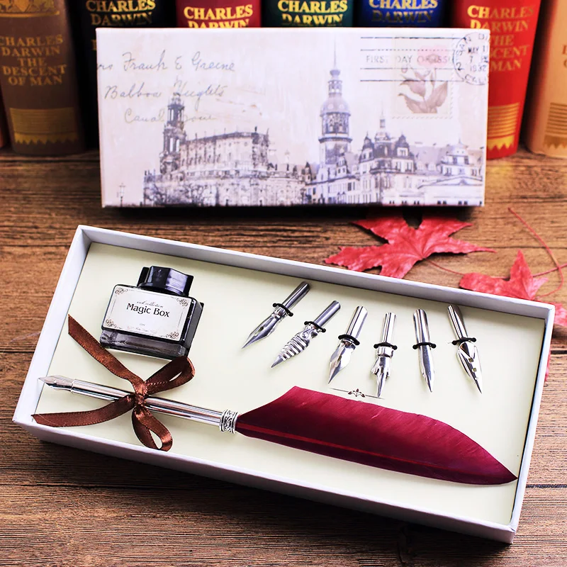 

Vntage Quill Feather Dip Pen Writing Ink Set Stationery Gift Box Middle Ages 6 Nib Wedding Gift Quill Pen Fountain Pen Festival