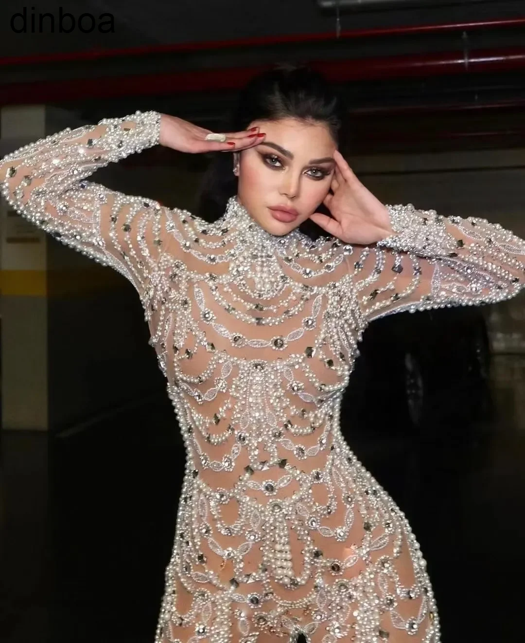 

Тонкое Сетчатое облегающее асимметричное платье Dinboa с жемчужинами и блестками, летнее прозрачное облегающее платье с открытыми плечами и боковыми вставками, модное вечернее платье