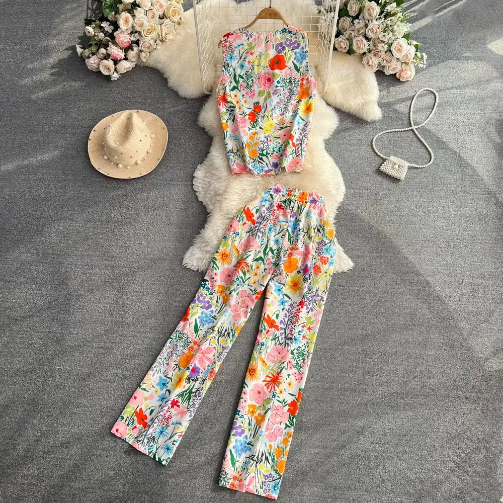 

Summer Women Elegant Casual Floral Pantsuit Sexy Tanks Tops Wide-Leg Trousers 2 Pieces Set Female Fashion Party Outfits Clothes