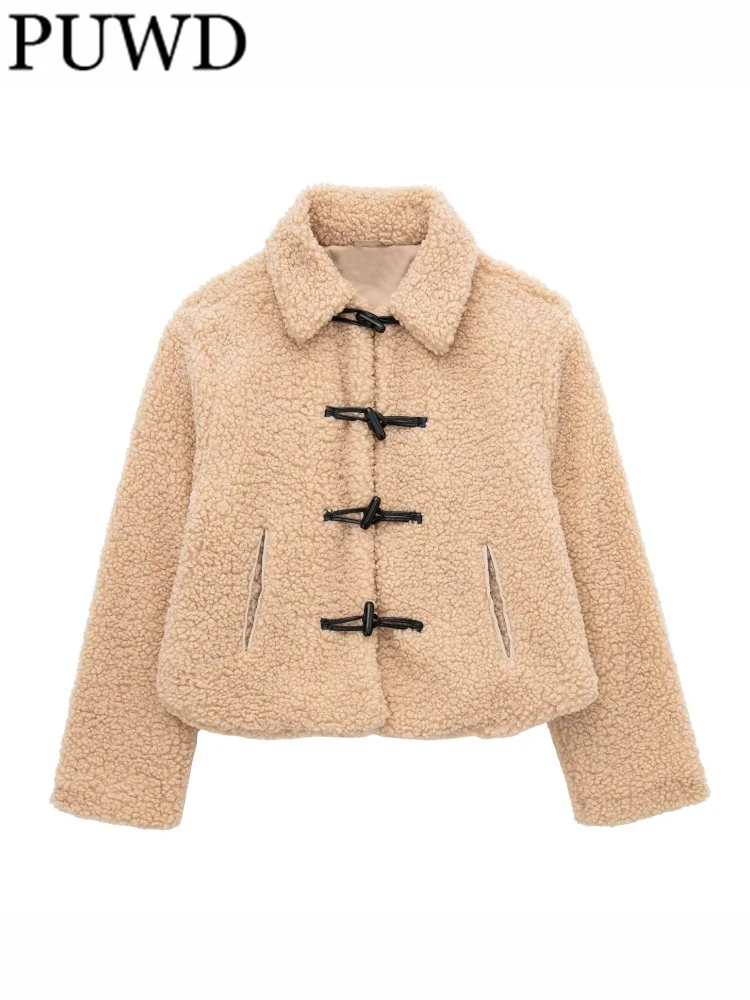 

PUWD Casual Women Khaki Lapel Fleece Single-breasted Jackets 2022 Fall/Winter Fashion Ladies Vintage Female Long Sleeve Outwears