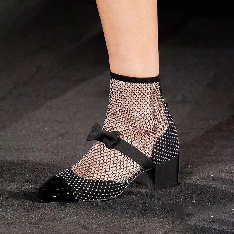 

Mesh Sandals Bow Women Shoes Designer Zapatos Mujer Shallow Mary Jane Hollow Sandalias Luxury Chaussure Femme Point Toe Low Heel