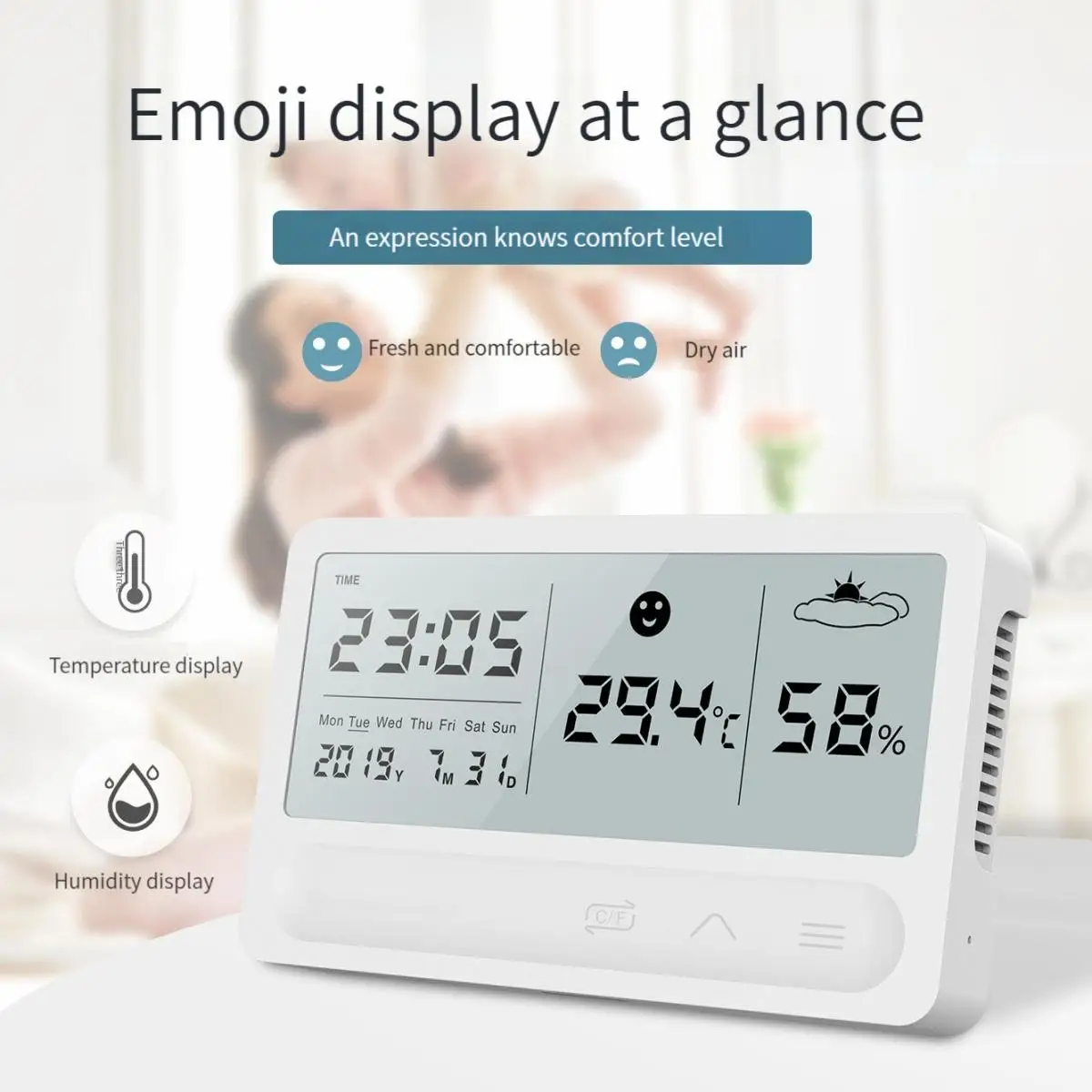 

Charging Indoor Digital Household Thermometer Hygrometer Indoor Temperature and Humidity Monitor with Clock Alarm