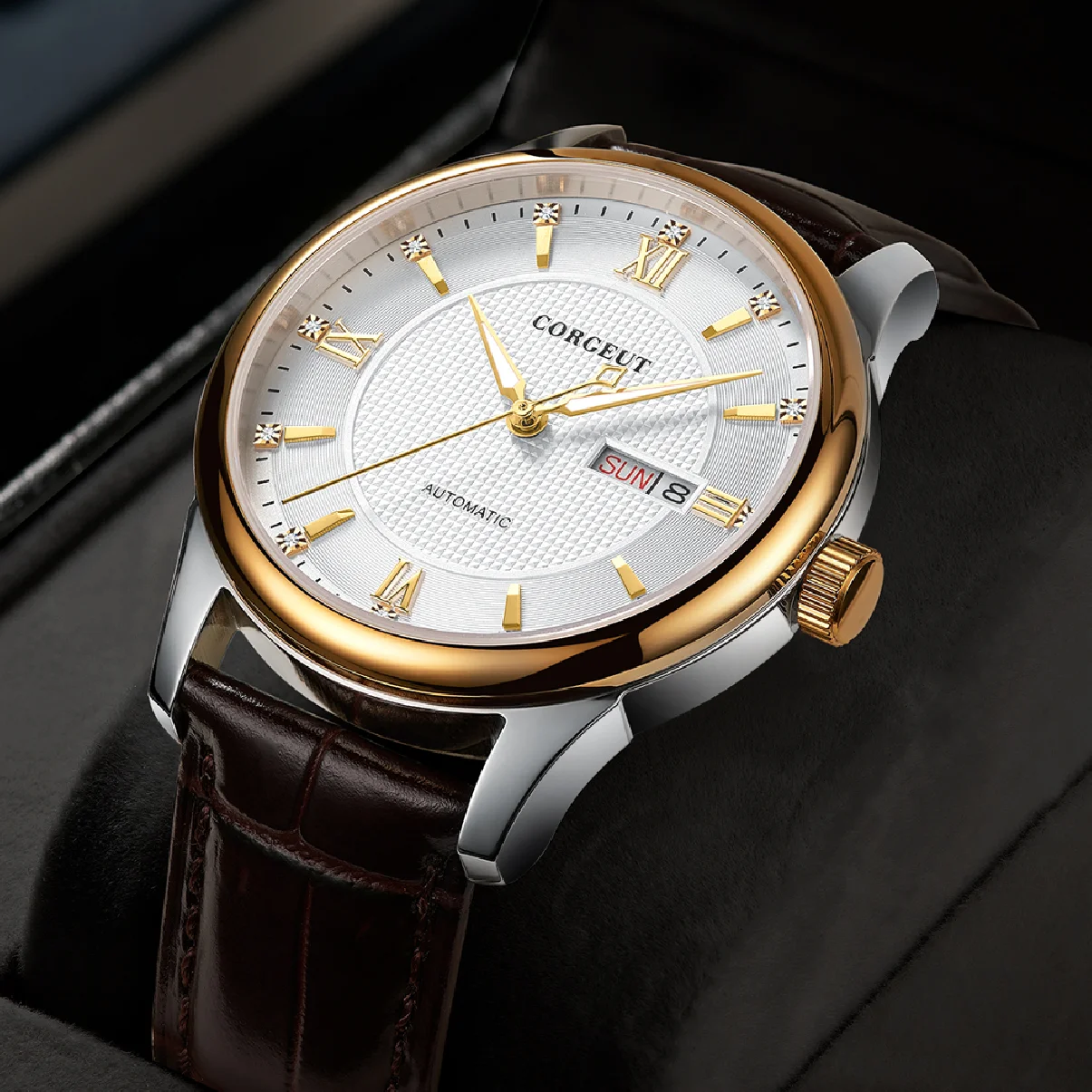 

Corgeut 40 Watch Men Fashion Mechanical Top Brand Luxury Male Clock leather Calendar Week Automatic Mens Watch Relogio Masculino