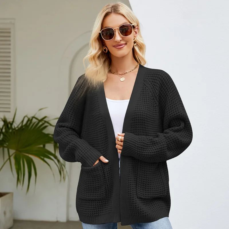 

Lazy style knitted sweater jacket for women's 2023 autumn and winter new Casual mid length knitted sweater cardigan