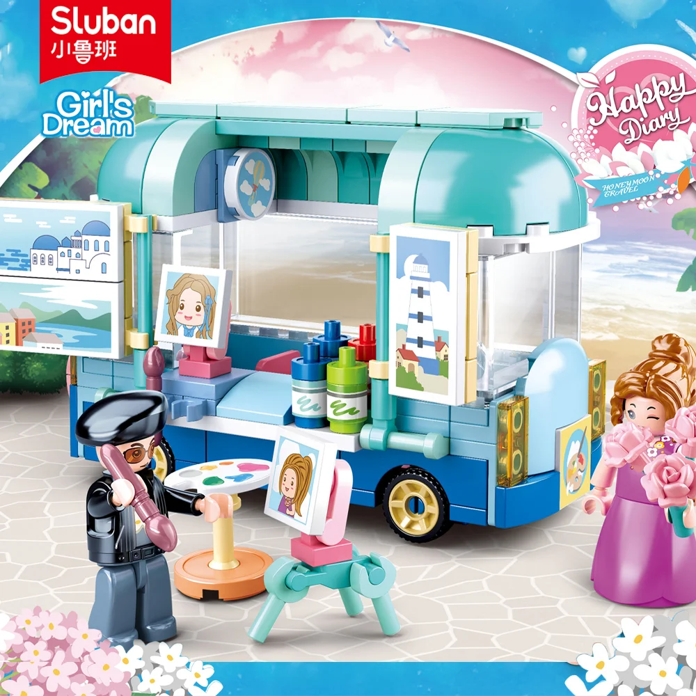 Sluban Building Block Toys Girls Dream Honeymoon Travel  B0865 Painting Cart 184PCS Bricks Caravan Compatbile With Leading Brand