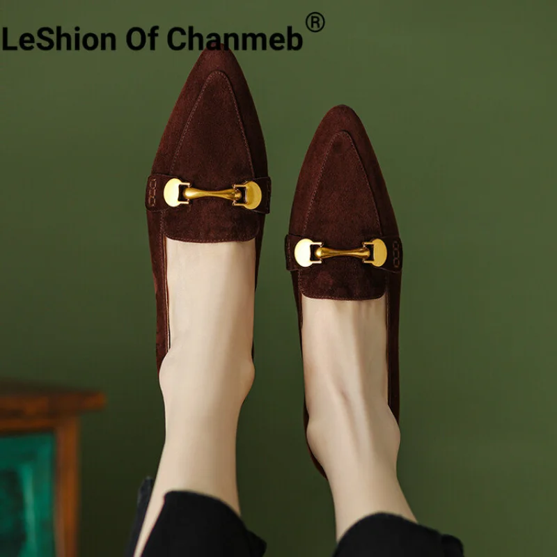 

LeShion Of Chanmeb Sheep Suede Loafers Shoe Women's Metal Chain Pointed Toe Slip Ons Flats Shoes Lady Casual Retro Spring Autumn