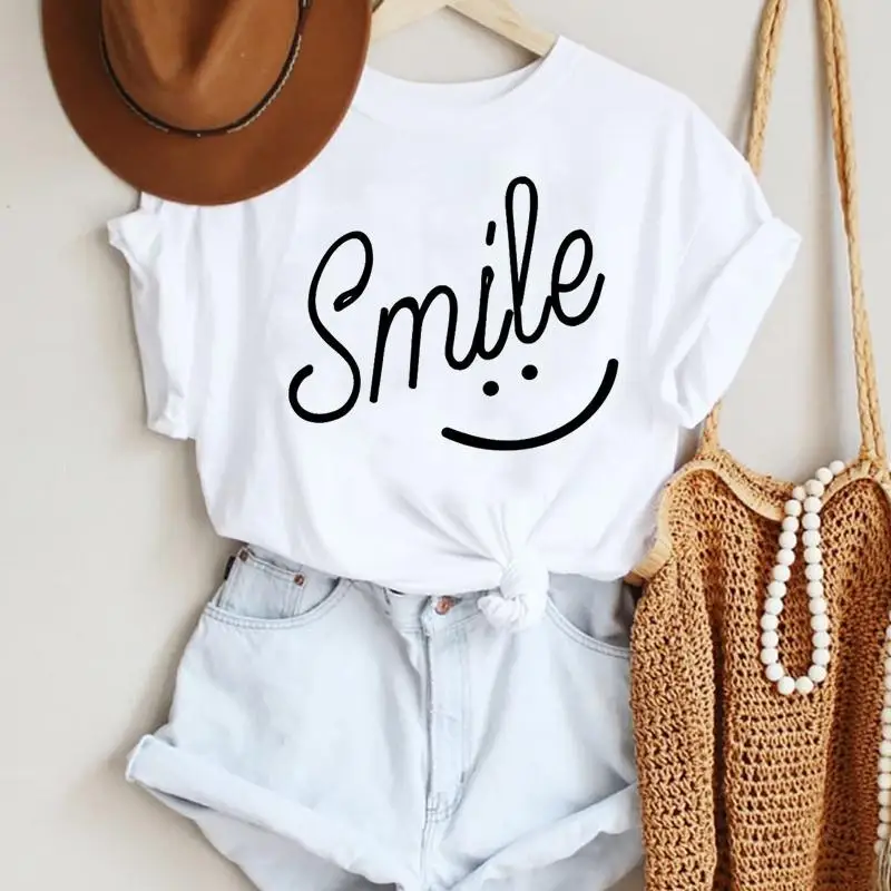

Women Cartoon Letter Sweet Lovely Smile 90s Fashion Summer Lady Print Tee Graphic T Top Travel White Tshirts Trend T-Shirt