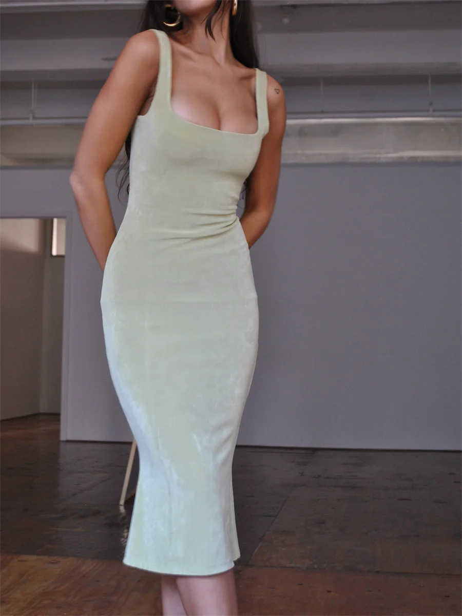 

wsevypo Elegant Women Party Midi Dress Summer Office Lady Sleeveless Straps Low Cut Square Neck Wrapped Pencil Dresses Solid