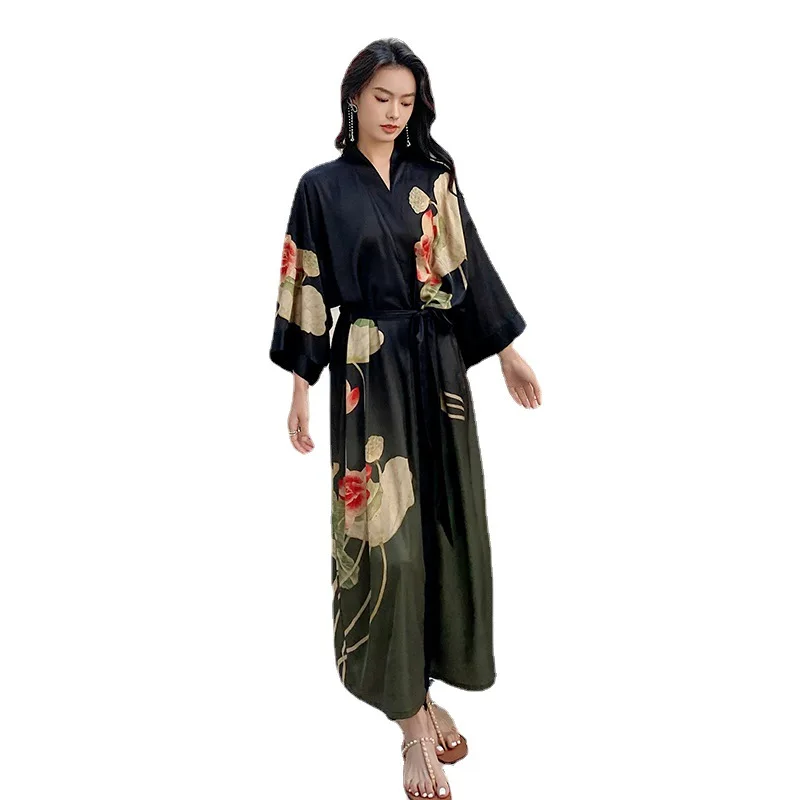 New Nightgown Women's Spring and Summer Thin Section Ice Silk Satin Atmosphere National Style Luxury Lace Morning Robe Bathrobe