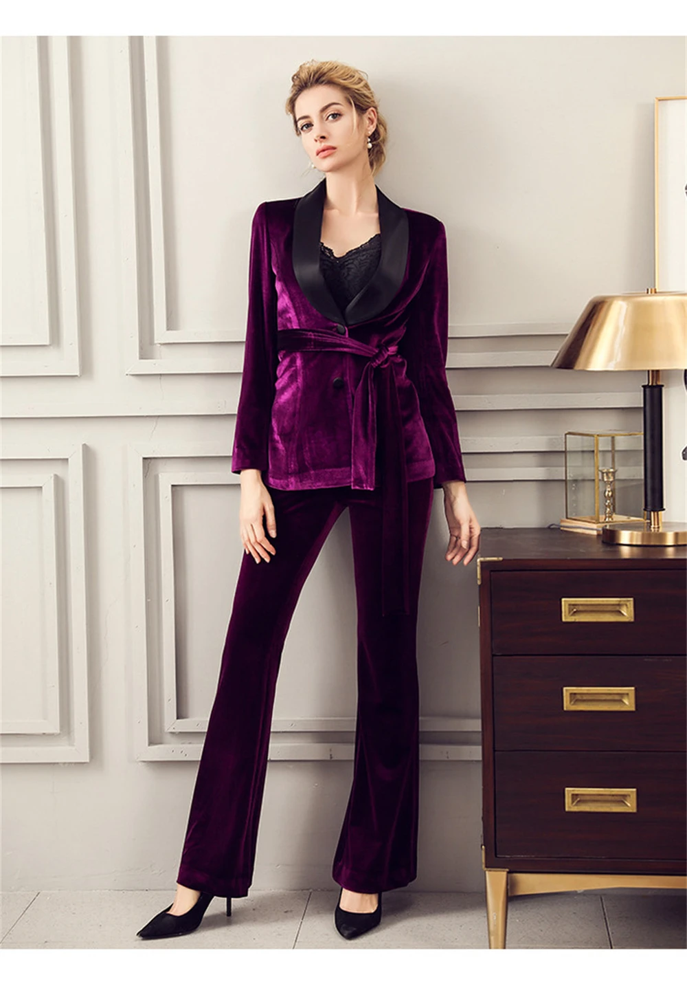 Women's Elegant Fashion Velvet Custom Purple Suit Flared Pants Suits For Wedding Prom Party