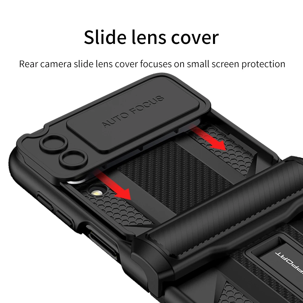 Slide Lens Cover Phone Case For Samsung Galaxy Z Flip 4 5G Magnetic Hinge Hard Armor Shock-proof With Bracket Shell For Z Flip 4