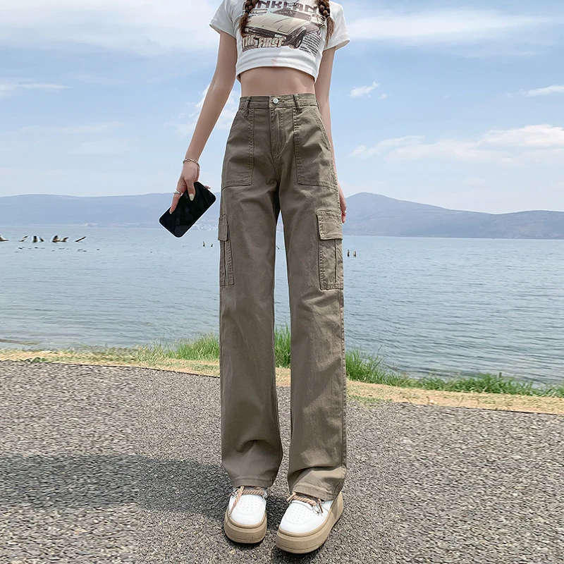 Workwear jeans women's summer trousers khaki new 2023 American style high waist loose casual straight wide leg mopping pants