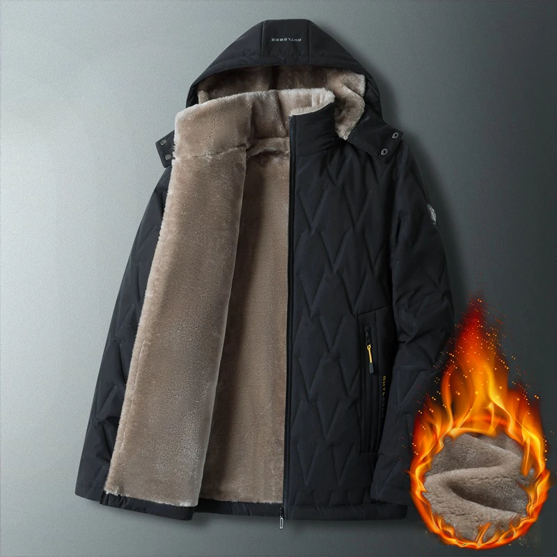 New Men's Winter Black Warm Cotton Coat Fashion Plush Thickened Hooded Jacket Business Casual Loose Zipper Coat Cold Proof