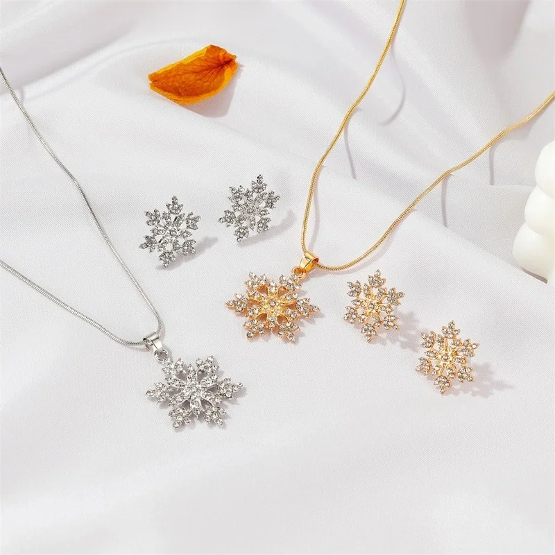 

3Pcs/set Snowflake Necklace Earrings Jewelry Set Gold Christmas Luxury Jewelry Set Wedding Earrings Choker Flower Jewelry Sets