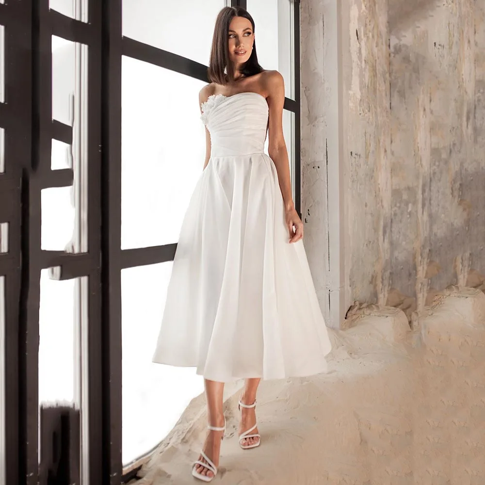 

Простое белое свадебное платье трапециевидной формы с 3D цветами, без рукавов, до середины икры, свадебные платья с открытой спиной, женское ...