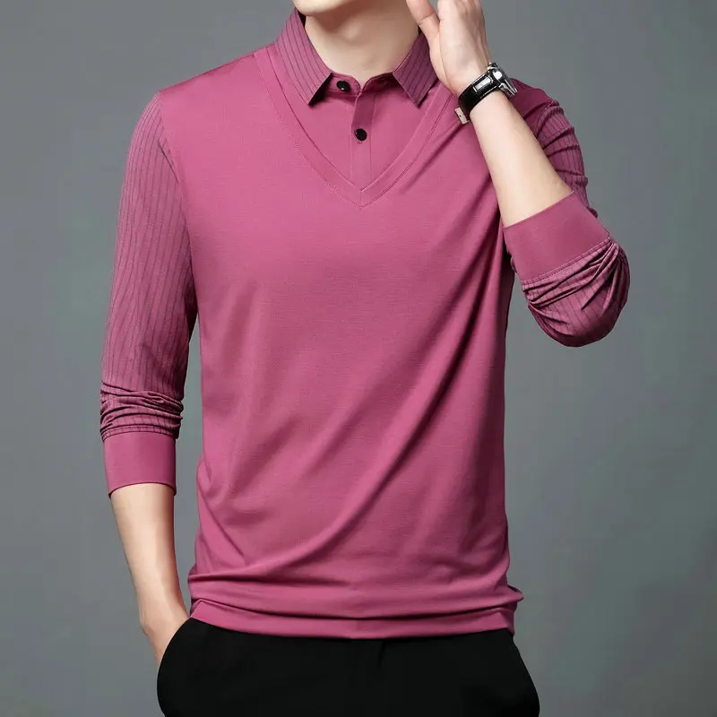 

Autumn Men Casual Fake 2PCS Shirts Navy Blue Yellow Black Pink Gray Red Turn Down Colllar Long Sleeve Tops Male Daily Clothes
