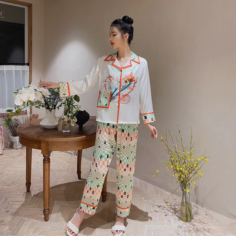 Ice Silk Pajamas Suit for Women 2023 Spring and Autumn New Long-Sleeved Trousers Comfortable Letter Cardigan Casual Outdoor Home