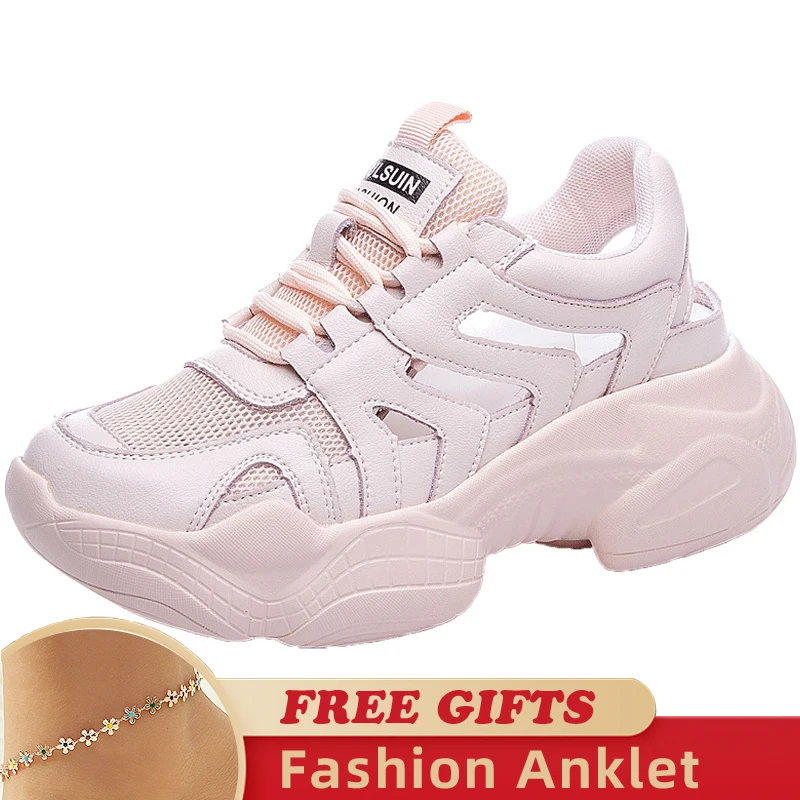 7cm Air Mesh Genuine Leather Women Summer Side Hollowing Soft Sole Platform Wedge Sandals Fashion Chunky Ladies Sneakers Shoes