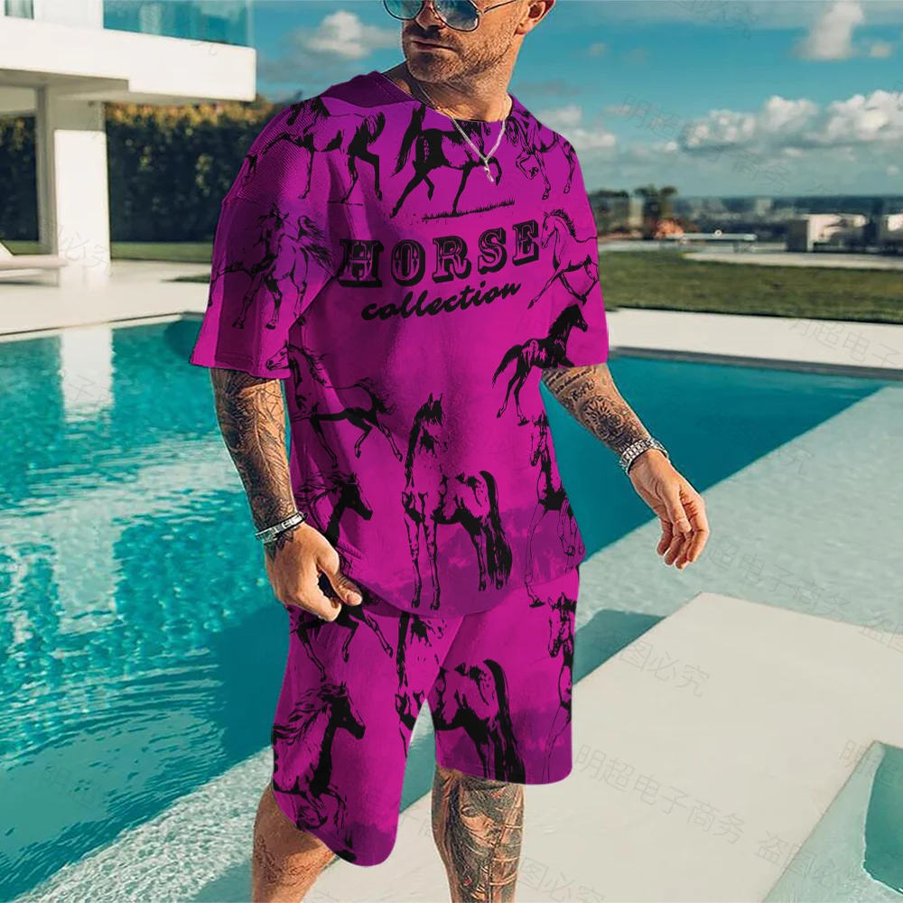Summer New Fashion Horse Pentium 3D Printing Men's Two-piece Horse Print Letter Short Sleeve T-Shirt + Shorts Sportswear