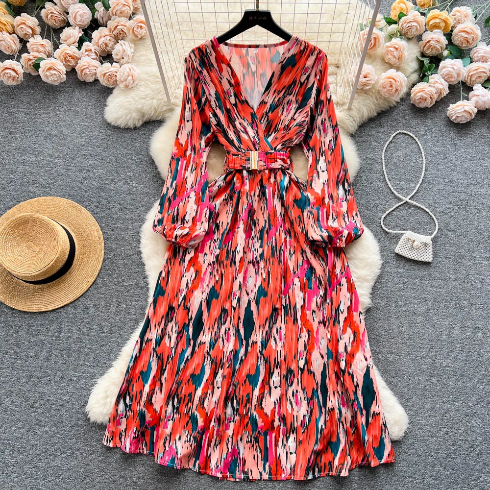 

Spring Summer Beach Vacation Style Halo Dyed Deep V-Neck Dress Lantern Long Sleeve Waist Wrapped High Grade Big Swing Dress