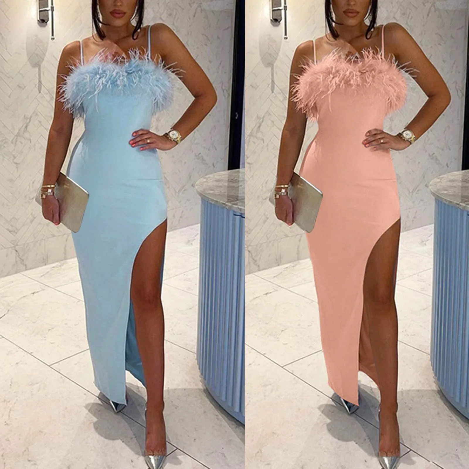 

Женское модное однотонное платье на бретельках с длинным рукавом, облегающее длинное платье с перьями и разрезом на подоле, маленькое плать...