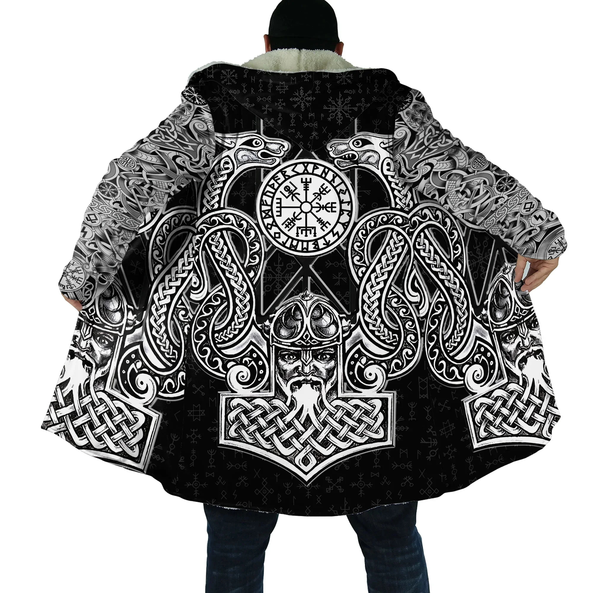 Mens Cloak Viking Odin Raven Wolf Tattoo 3D All Over Printed Fleece Hooded Cloak Unisex Casual Thick Warm Cape Coat CH73