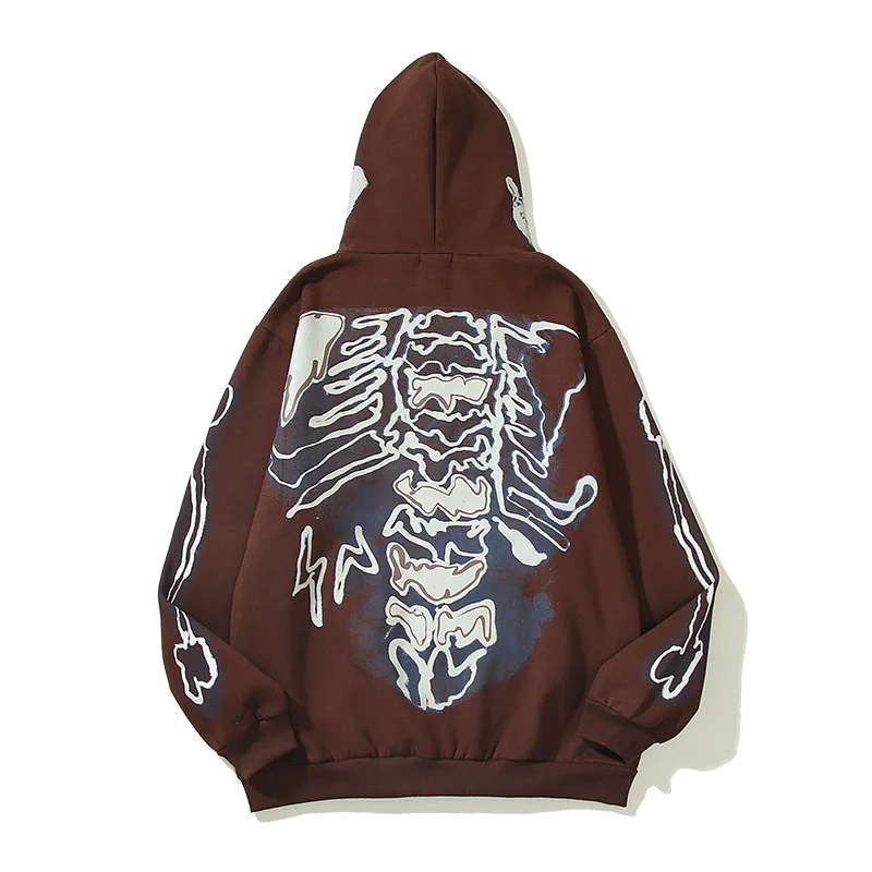 

Autumn Winter Hoodies Men Hip Hop Pullover Skeleton Print Fleece Brown Cotton Punk Zipper Hooded Sweatshirt Sudaderas Hombre