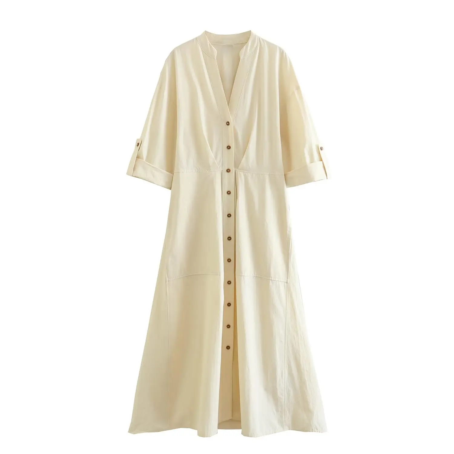 

Women's 2023 Summer Fashion New Midi Shirt Style Dress Vintage V-neck Single breasted Casual and Unique Female Long Dress