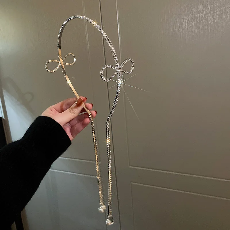 

2022 New Bling Bling Pearl Rhinestone Hairbands for Women Long Tassel Bow Bands Headband Wedding Hair Band Accessories Gifts