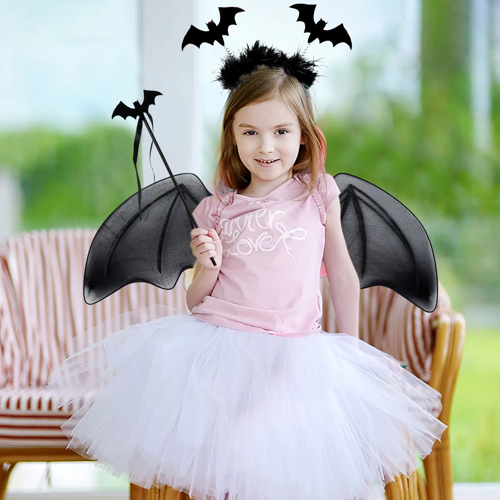

Halloween Kids Black Gauze Skirt Angel Wings Girls Puff Skirt Cos Dress Dress Set Skirt