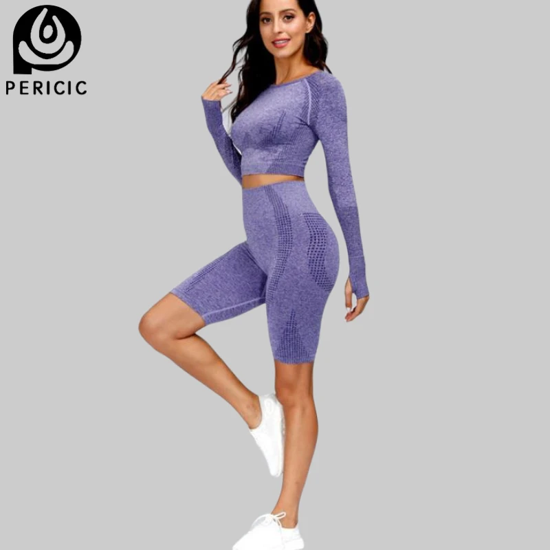 

2 Pieces Seamless Yoga Set Women Gym Outfit Workout Clothes Long Sleeve Fitness Crop Top + Yoga Fifth Pants Leggings Tracksuit