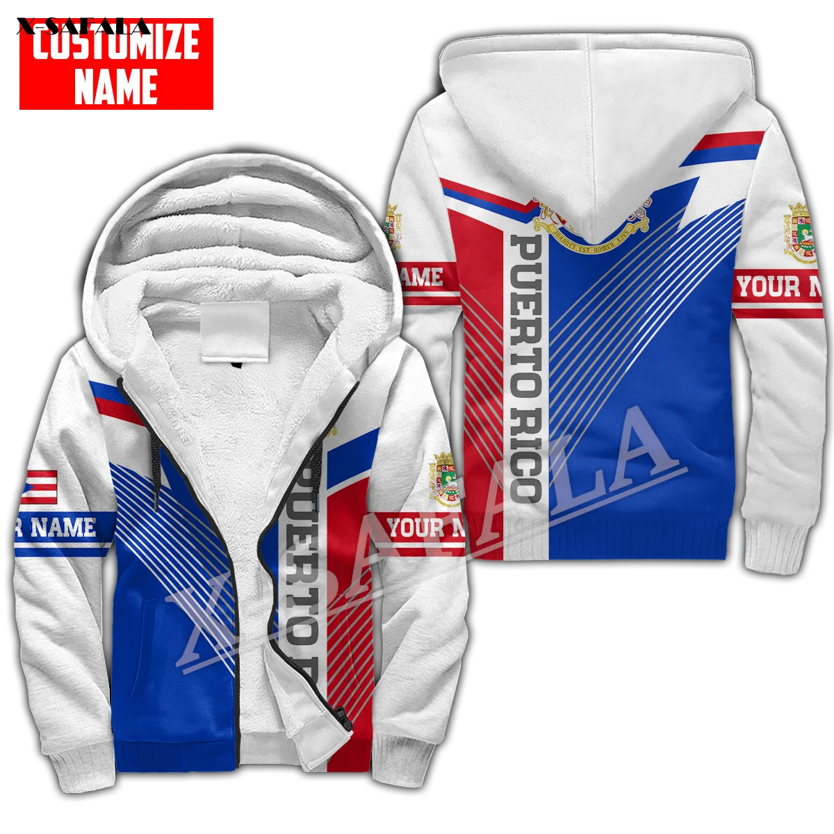 Love Puerto Rico Flag 3D Print Men Warm Thick Fleece Zipper Hoodie Jacket Windproof Pullover Coat Hooded Outwear US Size Winter