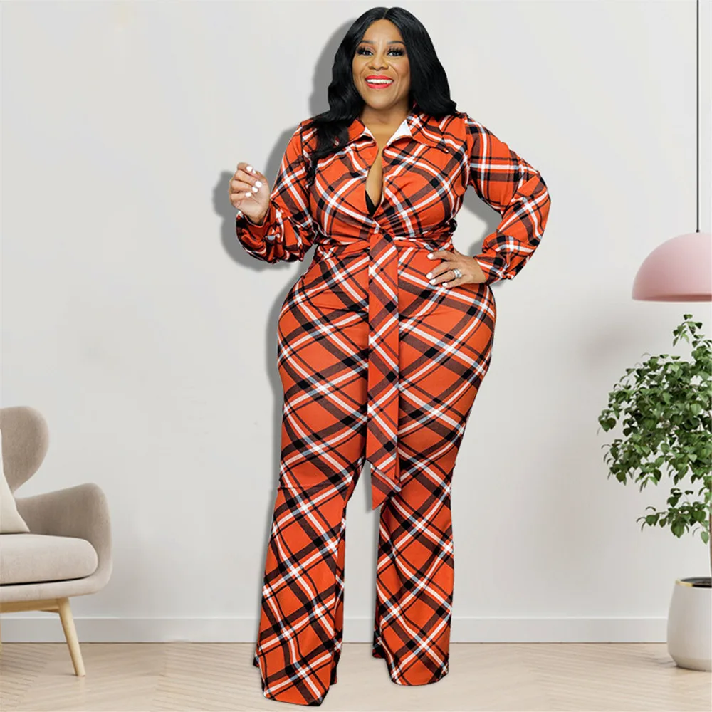 

Модный женский Блестящий Комбинезон, новинка, клетчатый Топ с длинным рукавом и отворотом, цельные расклешенные брюки на бретелях, весна-ос...