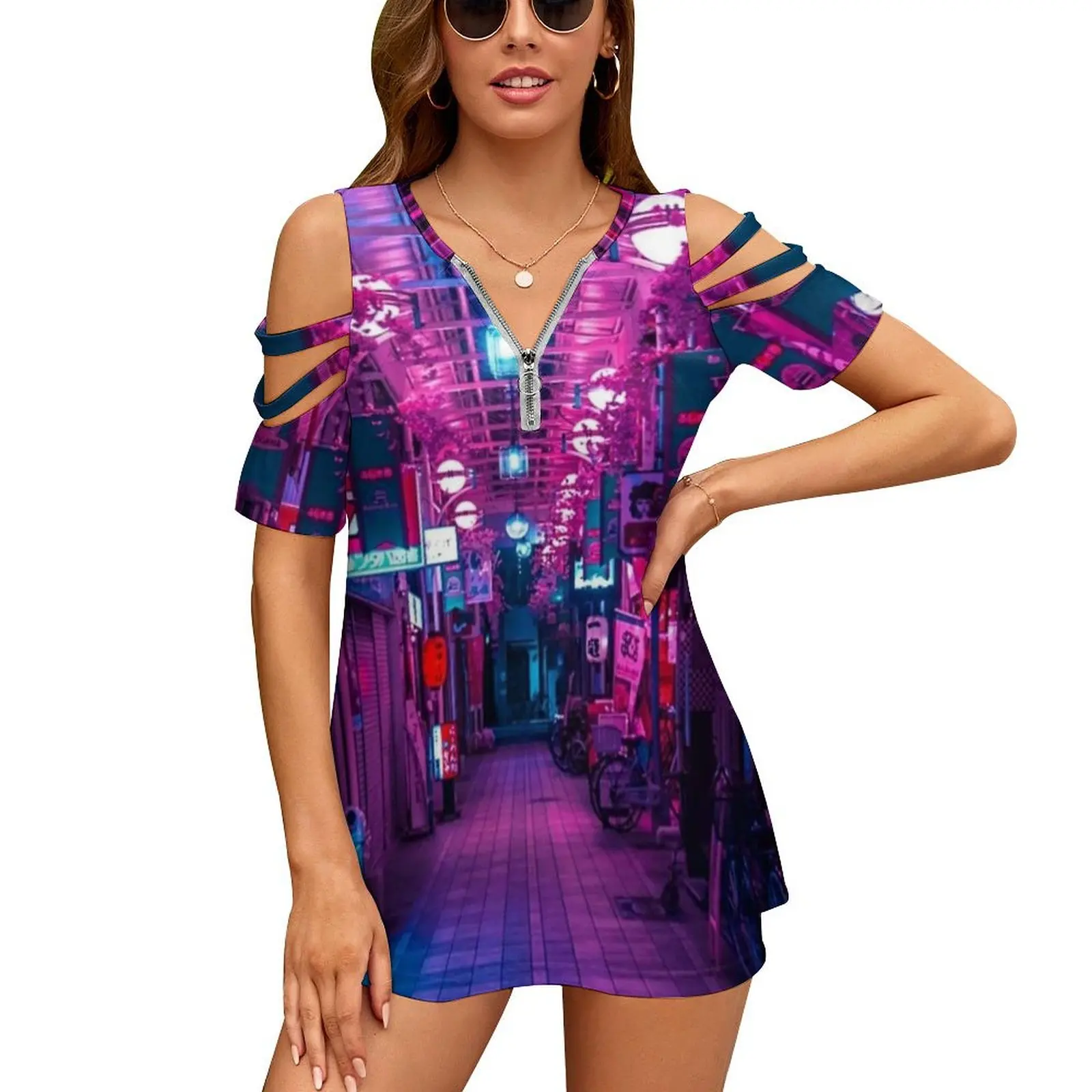 Женские винтажные футболки с принтом на молнии, топы с принтом, футболка с полным принтом, Япония, хирошима, аллея будущего