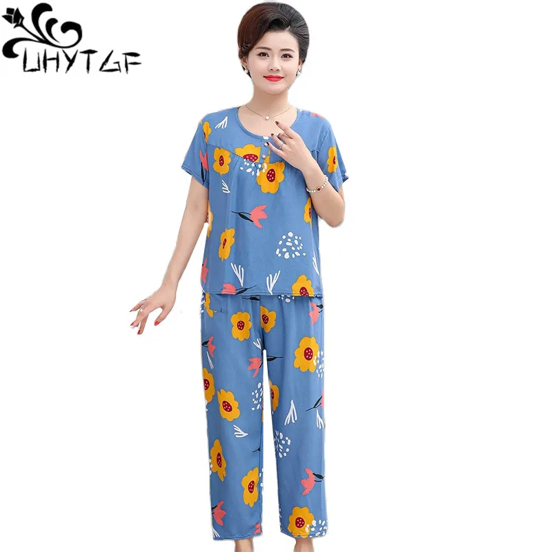 

UHYTGF Mom Summer Pajamas Women's Nightgown Printed Cotton Silk Breathable Thin Home Clothes Two-Piece Set Female Sleepwear 2448
