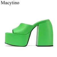 2022 new fashion candy color sandals womens large size square toe thick heel high heel sandals and slippers 14cm high heel